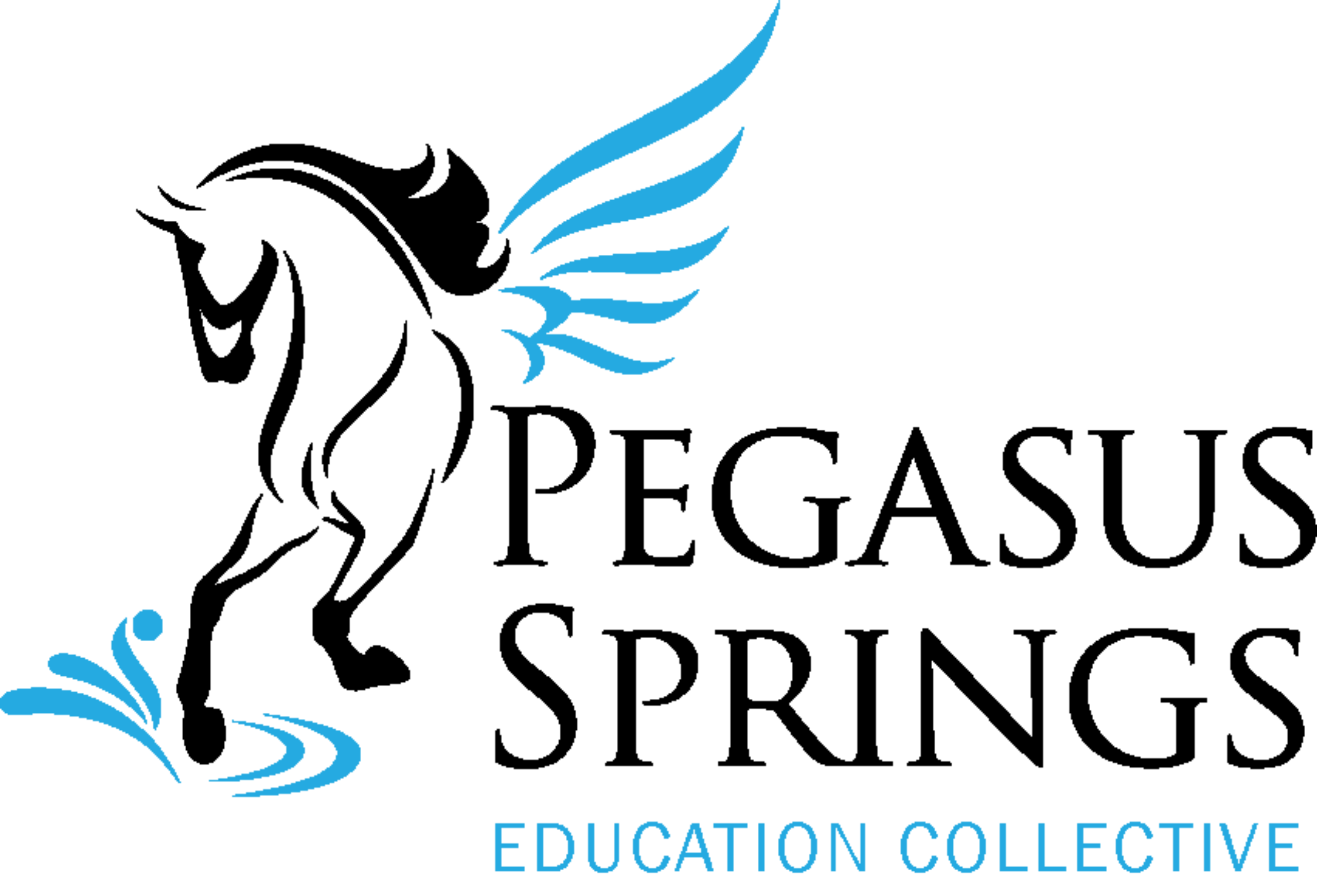 Stylized image of a pegasus with black body and blue wings, it's hoof touching a spring of water. Text reads Pegasus Springs Education Collective